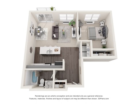 Floor plan for 1 bed, 1 bath, 733 sqft